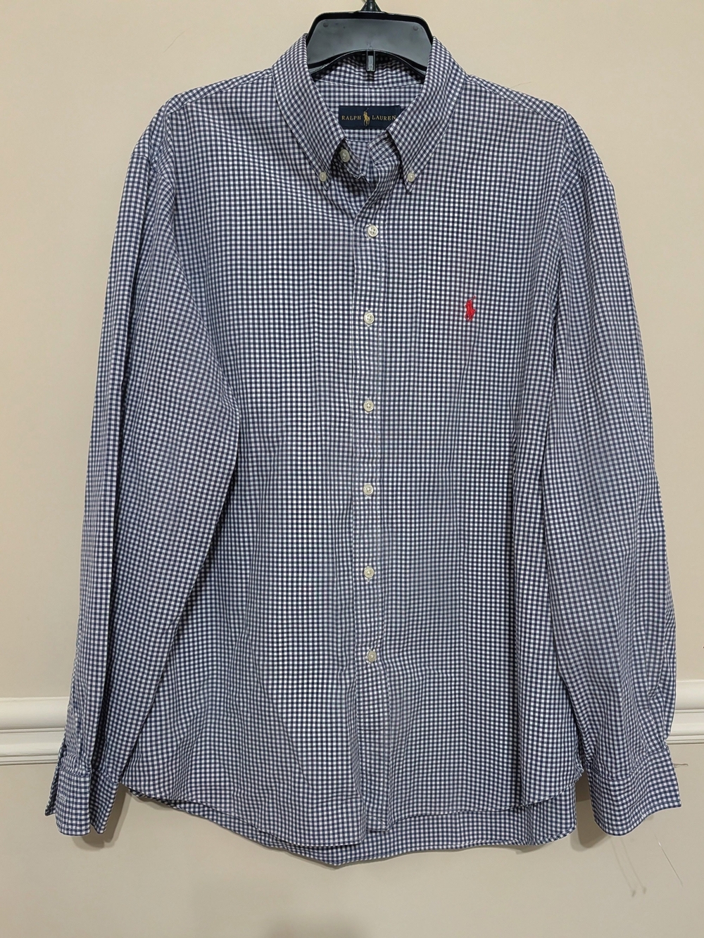 Ralph Lauren Navy & White Gingham Button-Down Shirt with Red Pony